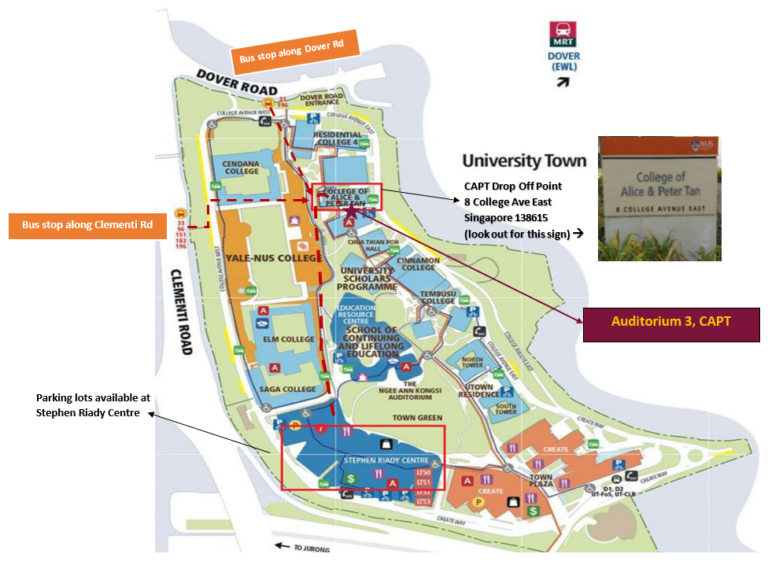 Map showing location of Auditorium 3, bus stops, drop off point and available parking lots.