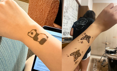 Photo on the left shows a henna design of a lazy panda on someone's forearm taken by Jazz Tan. Photo on the right shows two butterflies henna on someone's forearm taken by Wong Shu Juan.