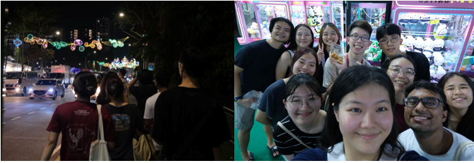Photo on the left shows a group of students walking down a lit-up Geylang Serai Bazaar. Photo on the right shows a group of smiling students posing with claw machines at the Geylang Serai Bazaar. Photos taken by Margaret Tan Jingxi.